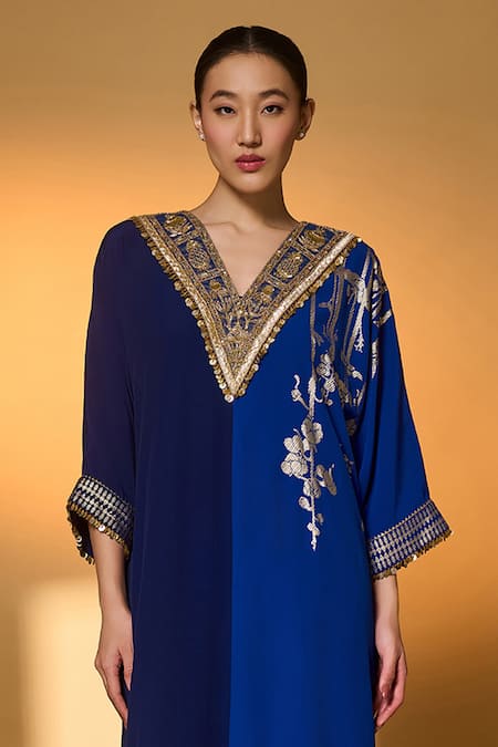 Masaba_Blue Silk, Crepe, Shantoon Zari, Tassels, Foil Printing Moonlight Melody Kaftan _Online_at_Aza_Fashions