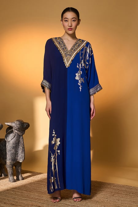 Shop_Masaba_Blue Silk, Crepe, Shantoon Zari, Tassels, Foil Printing Moonlight Melody Kaftan _Online_at_Aza_Fashions