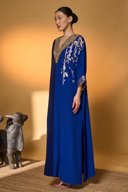 Masaba_Blue Silk, Crepe, Shantoon Zari, Tassels, Foil Printing Moonlight Melody Kaftan _at_Aza_Fashions