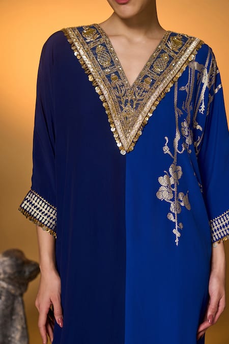 Shop_Masaba_Blue Silk, Crepe, Shantoon Zari, Tassels, Foil Printing Moonlight Melody Kaftan 
