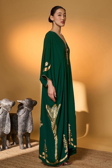 Masaba Green Silk, Crepe Foil Printing V-neck Palm Trees Kaftan Online at Aza Fashions Masaba_Green Silk, Crepe Foil Printing V-neck Palm Trees Kaftan _Online_at_Aza_Fashions