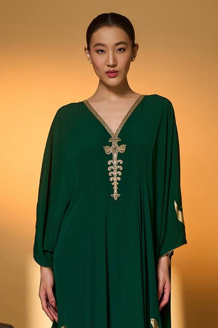Buy Masaba Green Silk, Crepe Foil Printing V-neck Palm Trees Kaftan Online at Aza Fashions Buy_Masaba_Green Silk, Crepe Foil Printing V-neck Palm Trees Kaftan _Online_at_Aza_Fashions