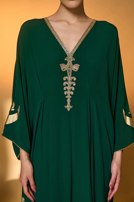 Masaba Green Silk, Crepe Foil Printing V-neck Palm Trees Kaftan at Aza Fashions Masaba_Green Silk, Crepe Foil Printing V-neck Palm Trees Kaftan _at_Aza_Fashions