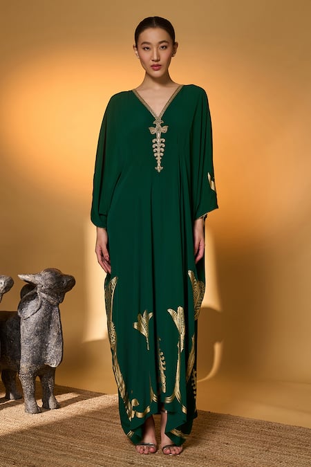 Buy Masaba Green Silk, Crepe Foil Printing V-neck Palm Trees Kaftan Buy_Masaba_Green Silk, Crepe Foil Printing V-neck Palm Trees Kaftan