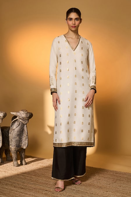 Masaba_Ivory Silk, Organza Embroidery, Sequins, Zari, Turtle Tale Printed Kurta Set _Online_at_Aza_Fashions