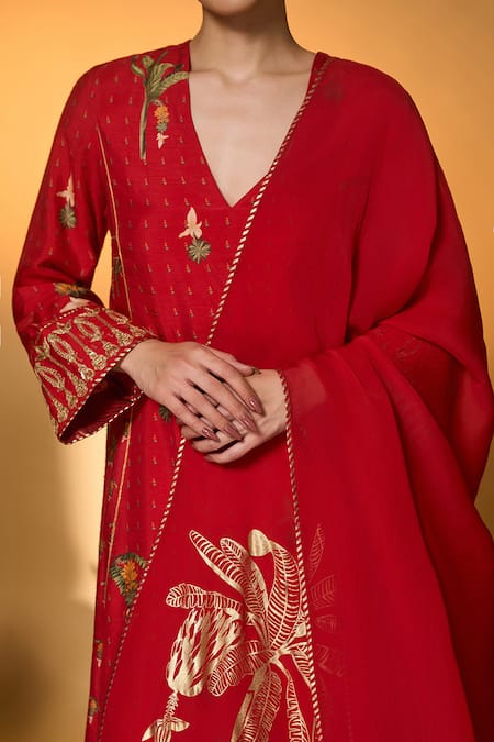 Masaba_Red Silk, Organza Embroidery, Gota Patti, Foil Tropical Printed Anarkali Set _Online_at_Aza_Fashions