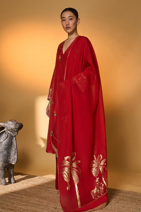 Masaba_Red Silk, Organza Embroidery, Gota Patti, Foil Tropical Printed Anarkali Set _at_Aza_Fashions