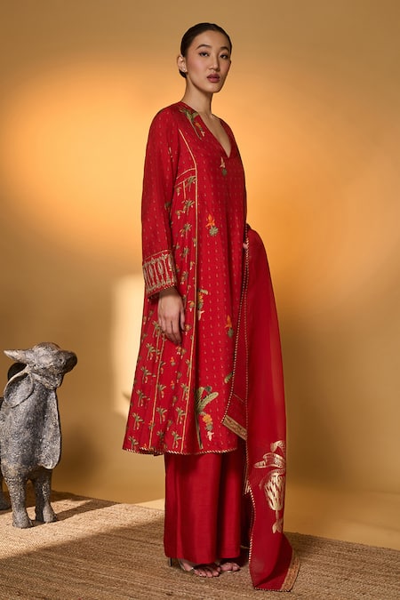 Shop_Masaba_Red Silk, Organza Embroidery, Gota Patti, Foil Tropical Printed Anarkali Set 