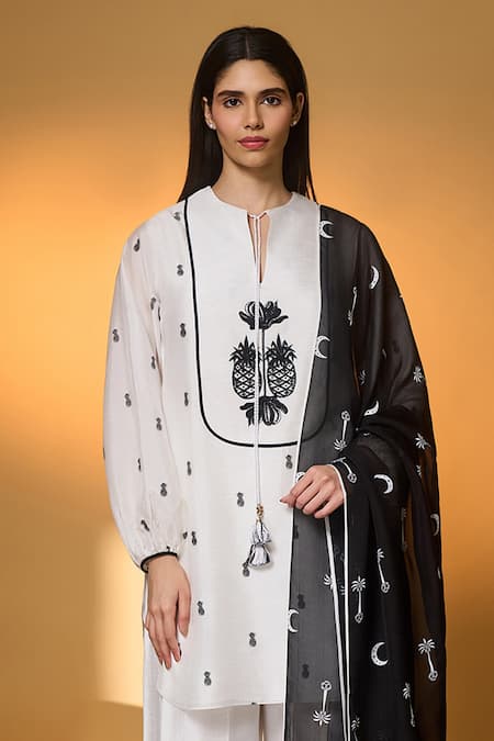 Masaba Ivory Silk, Organza Embroidery, Tassels, Piping Pine-code And Printed Kurta Set Online at Aza Fashions Masaba_Ivory Silk, Organza Embroidery, Tassels, Piping Pine-code And Printed Kurta Set _Online_at_Aza_Fashions