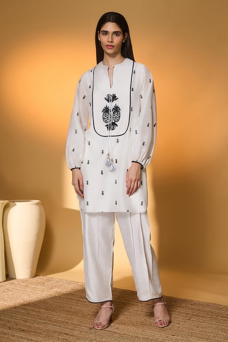 Shop Masaba Ivory Silk, Organza Embroidery, Tassels, Piping Pine-code And Printed Kurta Set Online at Aza Fashions Shop_Masaba_Ivory Silk, Organza Embroidery, Tassels, Piping Pine-code And Printed Kurta Set _Online_at_Aza_Fashions