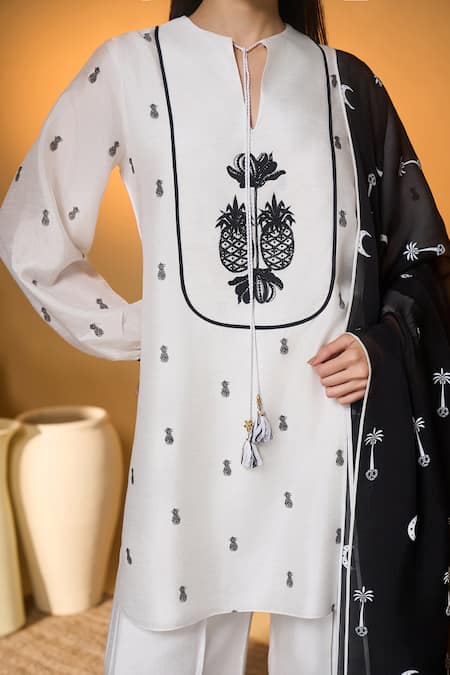Masaba Ivory Silk, Organza Embroidery, Tassels, Piping Pine-code And Printed Kurta Set at Aza Fashions Masaba_Ivory Silk, Organza Embroidery, Tassels, Piping Pine-code And Printed Kurta Set _at_Aza_Fashions