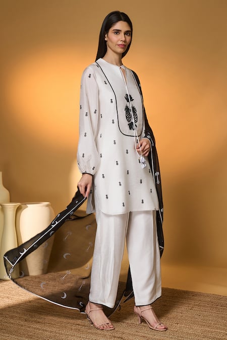 Shop Masaba Ivory Silk, Organza Embroidery, Tassels, Piping Pine-code And Printed Kurta Set Shop_Masaba_Ivory Silk, Organza Embroidery, Tassels, Piping Pine-code And Printed Kurta Set
