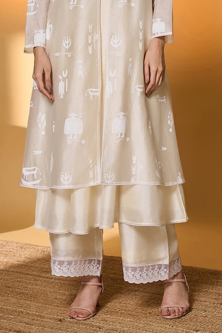 Buy_Masaba_Ivory Chanderi, Silk Tassels, Lace, Meadow Tribe Printed Jacket Pant Set _Online_at_Aza_Fashions