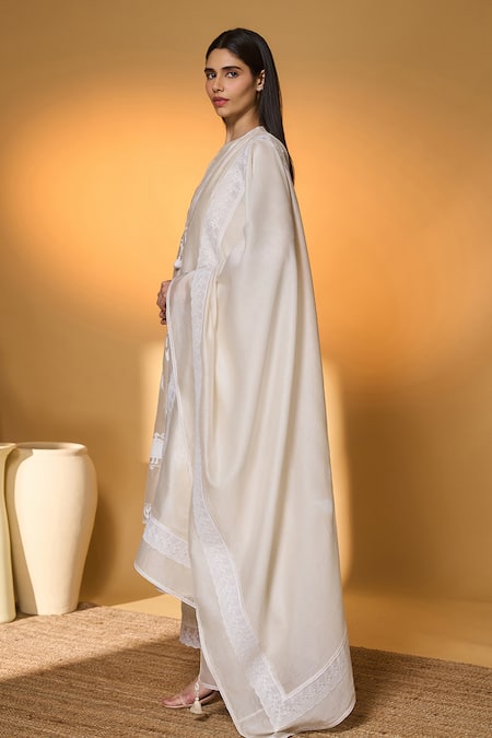 Shop_Masaba_Ivory Chanderi, Silk Tassels, Lace, Meadow Tribe Printed Jacket Pant Set _Online_at_Aza_Fashions