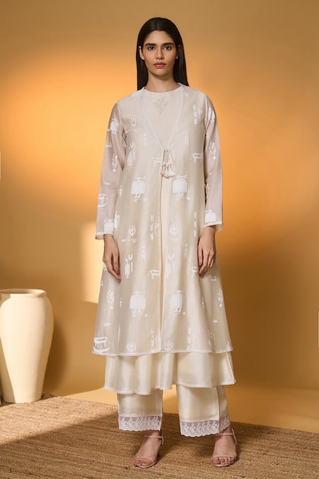 Masaba_Ivory Chanderi, Silk Tassels, Lace, Meadow Tribe Printed Jacket Pant Set _at_Aza_Fashions