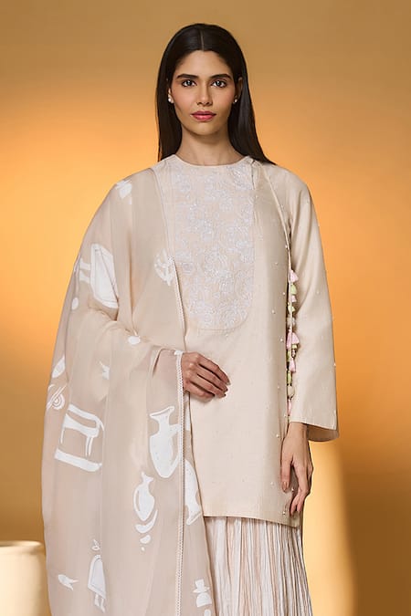 Masaba Ivory Silk, Organza Embroidery, Tassels, Lace Rose Blushing Kurta Sharara Set Online at Aza Fashions Masaba_Ivory Silk, Organza Embroidery, Tassels, Lace Rose Blushing Kurta Sharara Set _Online_at_Aza_Fashions