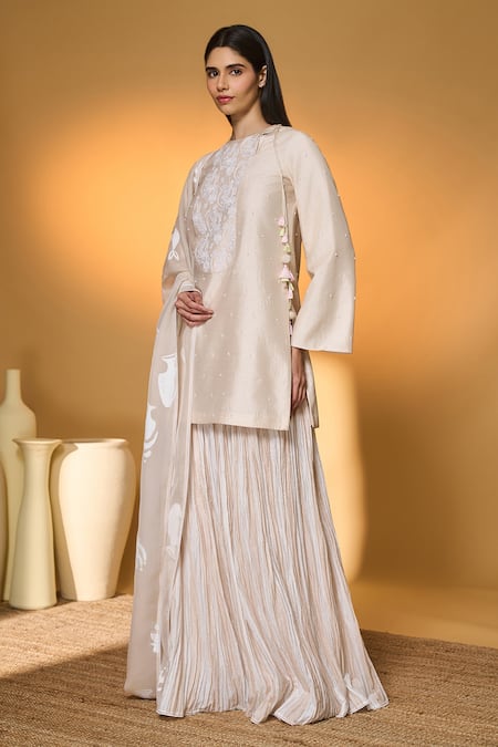 Shop Masaba Ivory Silk, Organza Embroidery, Tassels, Lace Rose Blushing Kurta Sharara Set Online at Aza Fashions Shop_Masaba_Ivory Silk, Organza Embroidery, Tassels, Lace Rose Blushing Kurta Sharara Set _Online_at_Aza_Fashions