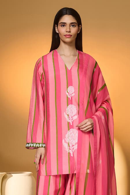 Masaba Multi Color Silk, Organza Embroidery, Sunset Sorbet Striped Kurta Pant Set Online at Aza Fashions Masaba_Multi Color Silk, Organza Embroidery, Sunset Sorbet Striped Kurta Pant Set _Online_at_Aza_Fashions