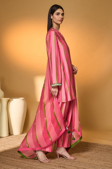 Shop Masaba Multi Color Silk, Organza Embroidery, Sunset Sorbet Striped Kurta Pant Set Online at Aza Fashions Shop_Masaba_Multi Color Silk, Organza Embroidery, Sunset Sorbet Striped Kurta Pant Set _Online_at_Aza_Fashions