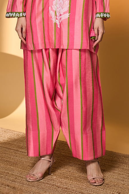 Masaba Multi Color Silk, Organza Embroidery, Sunset Sorbet Striped Kurta Pant Set at Aza Fashions Masaba_Multi Color Silk, Organza Embroidery, Sunset Sorbet Striped Kurta Pant Set _at_Aza_Fashions