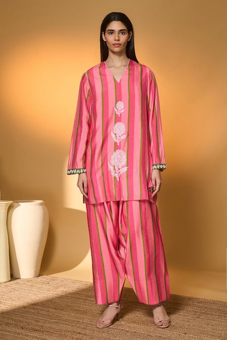 Buy Masaba Multi Color Silk, Organza Embroidery, Sunset Sorbet Striped Kurta Pant Set Buy_Masaba_Multi Color Silk, Organza Embroidery, Sunset Sorbet Striped Kurta Pant Set