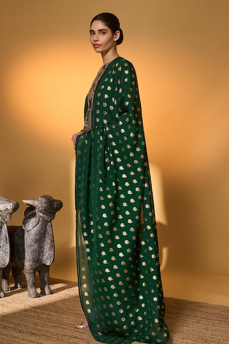 Buy_Masaba_Green Silk, Organza Zari, Applique, Foil Rose Blush Embroidered Kurta Set 