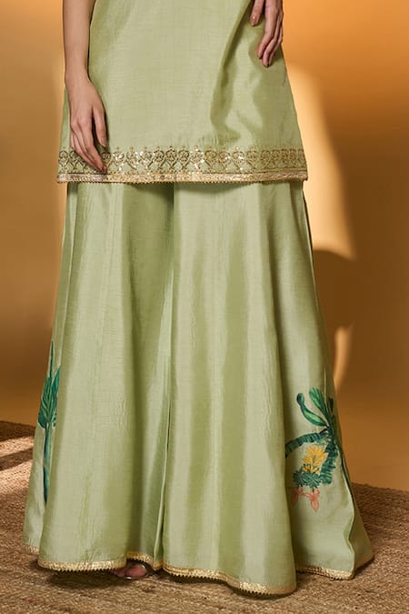 Masaba_Mint Silk, Organza Gota Patti, Applique Rose Blush Embroidered Kurta Sharara Set _Online_at_Aza_Fashions