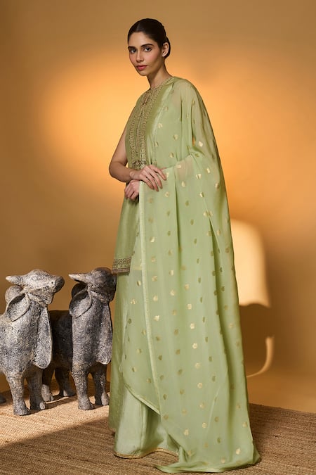 Buy_Masaba_Mint Silk, Organza Gota Patti, Applique Rose Blush Embroidered Kurta Sharara Set _Online_at_Aza_Fashions