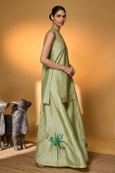 Masaba_Mint Silk, Organza Gota Patti, Applique Rose Blush Embroidered Kurta Sharara Set _at_Aza_Fashions