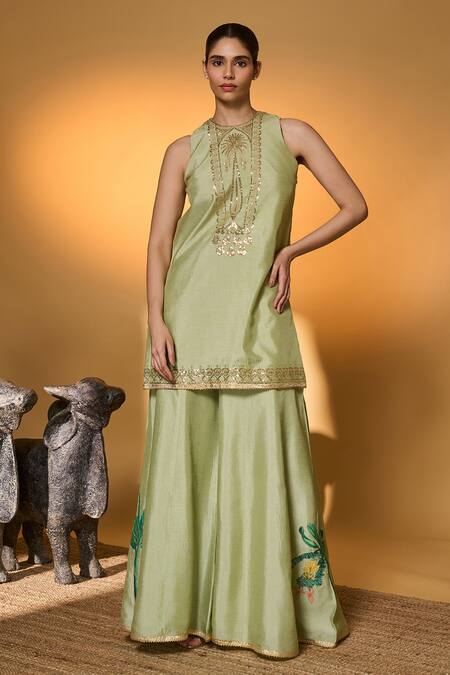 Buy_Masaba_Mint Silk, Organza Gota Patti, Applique Rose Blush Embroidered Kurta Sharara Set 