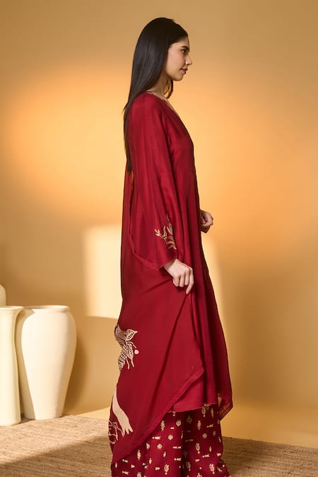 Masaba_Red Silk, Organza Zari, Lace, Tassels V-neck Deer Totem Print Kurta Sharara Set _Online_at_Aza_Fashions