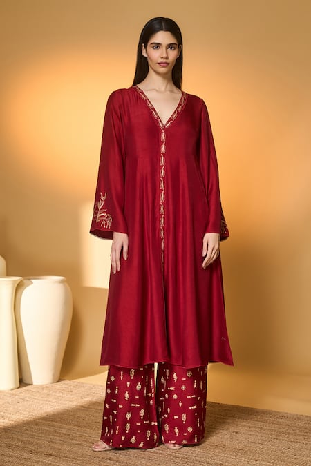 Shop_Masaba_Red Silk, Organza Zari, Lace, Tassels V-neck Deer Totem Print Kurta Sharara Set _Online_at_Aza_Fashions