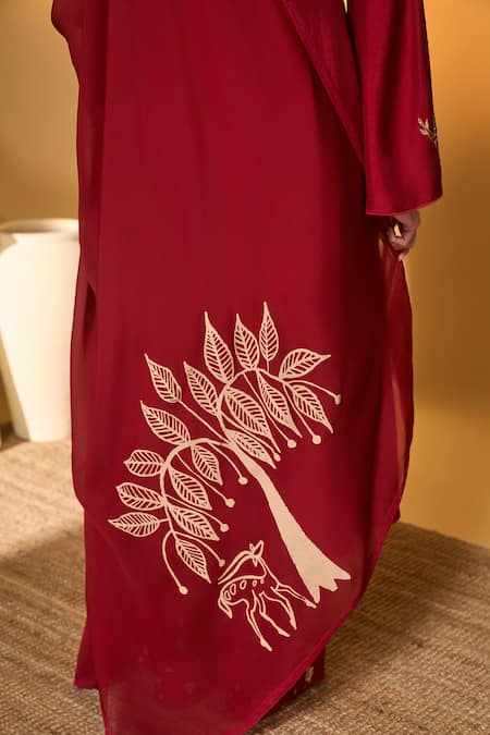 Masaba_Red Silk, Organza Zari, Lace, Tassels V-neck Deer Totem Print Kurta Sharara Set _at_Aza_Fashions