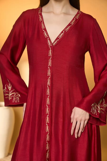 Shop_Masaba_Red Silk, Organza Zari, Lace, Tassels V-neck Deer Totem Print Kurta Sharara Set 