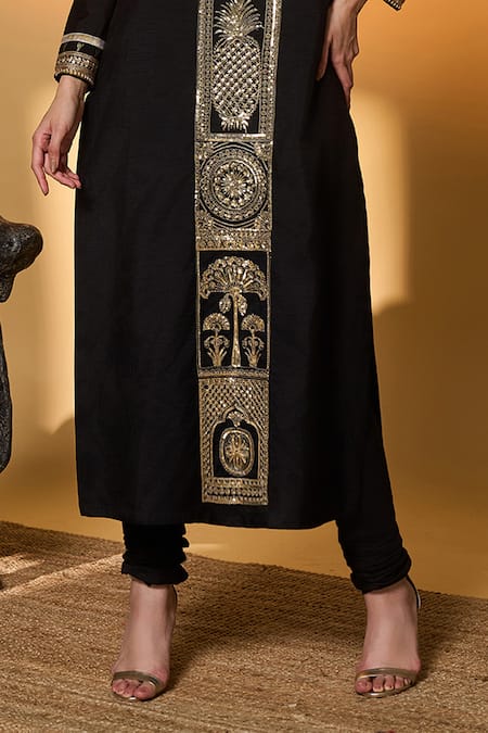 Shop_Masaba_Black Silk Sequins, Gota Patti, Lace Round Neck Khidki Embroidered Kurta Set _Online_at_Aza_Fashions