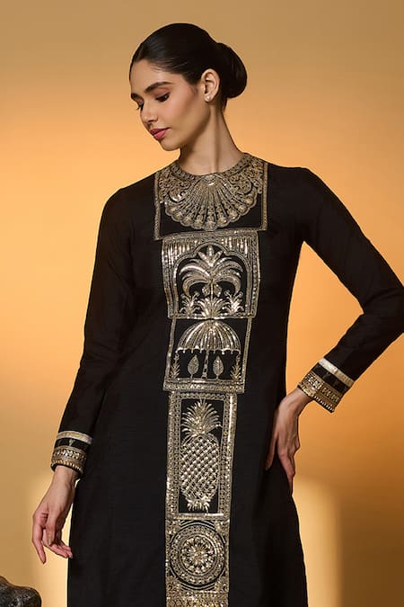 Masaba_Black Silk Sequins, Gota Patti, Lace Round Neck Khidki Embroidered Kurta Set _at_Aza_Fashions
