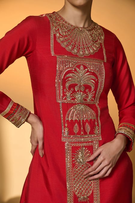 Shop_Masaba_Red Silk Embroidery, Sequins, Zari, Gota Patti, Lace Khidki Printed And Kurta Set _Online_at_Aza_Fashions