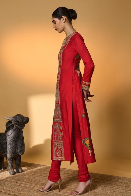 Buy_Masaba_Red Silk Embroidery, Sequins, Zari, Gota Patti, Lace Khidki Printed And Kurta Set 