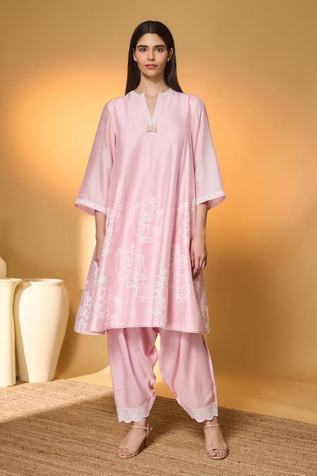 Masaba_Pink Silk Lace Split V-neck Blushing Bloom Printed Kurta Set _at_Aza_Fashions