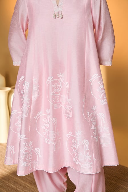 Shop_Masaba_Pink Silk Lace Split V-neck Blushing Bloom Printed Kurta Set 