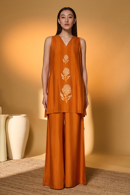 Shop_Masaba_Orange Silk Beads, Pearls, Tassels V-neck Saffron Sky Striped Kurta Set _Online_at_Aza_Fashions