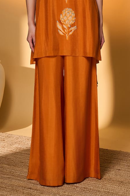 Masaba_Orange Silk Beads, Pearls, Tassels V-neck Saffron Sky Striped Kurta Set _at_Aza_Fashions