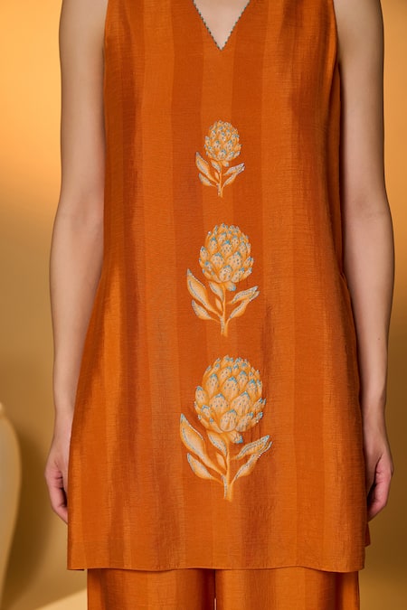 Shop_Masaba_Orange Silk Beads, Pearls, Tassels V-neck Saffron Sky Striped Kurta Set 