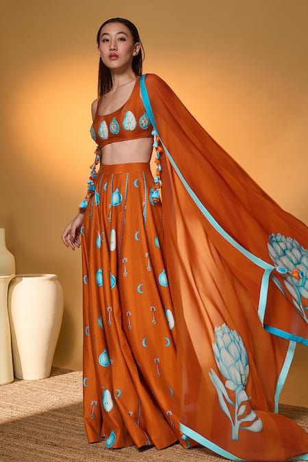 Shop_Masaba_Orange Silk, Organza Crystals, Tassels Scoop Saffron Sky Striped Lehenga Set _Online_at_Aza_Fashions