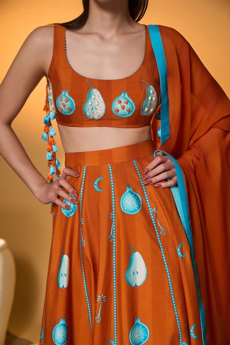 Buy_Masaba_Orange Silk, Organza Crystals, Tassels Scoop Saffron Sky Striped Lehenga Set 