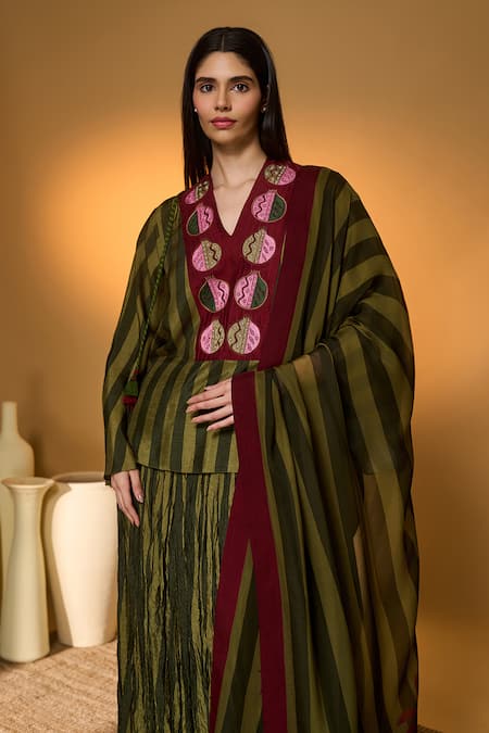 Masaba_Green Silk, Organza Tassels V-neck Anar Garden Printed Skirt Set _Online_at_Aza_Fashions