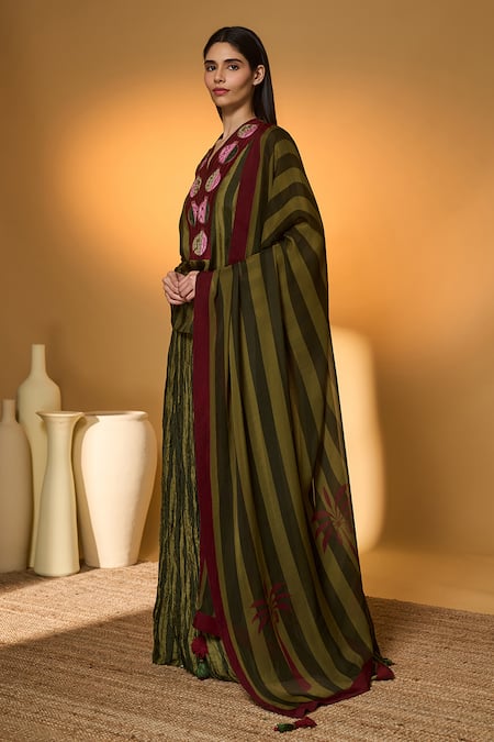 Shop_Masaba_Green Silk, Organza Tassels V-neck Anar Garden Printed Skirt Set _Online_at_Aza_Fashions