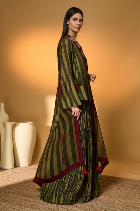 Masaba_Green Silk, Organza Tassels V-neck Anar Garden Printed Skirt Set _at_Aza_Fashions