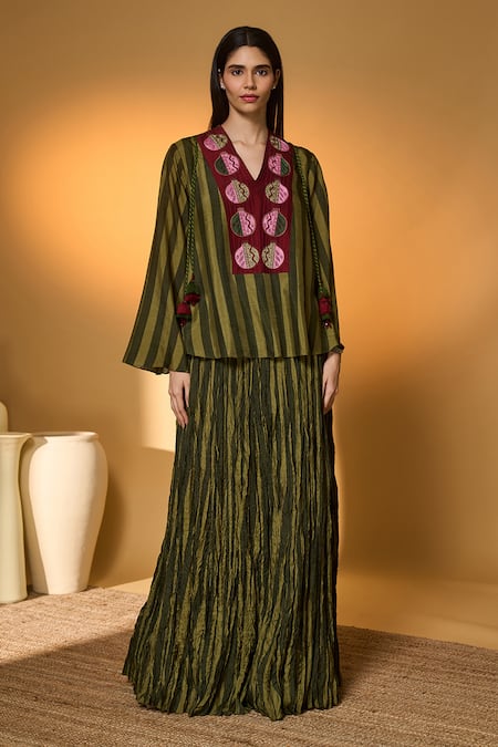 Buy_Masaba_Green Silk, Organza Tassels V-neck Anar Garden Printed Skirt Set 