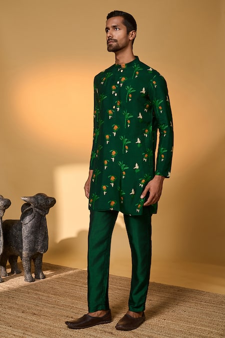 Shop Masaba Green Silk Tropical Print Raw Kurta And Pant Set Online at Aza Fashions Shop_Masaba_Green Silk Tropical Print Raw Kurta And Pant Set _Online_at_Aza_Fashions